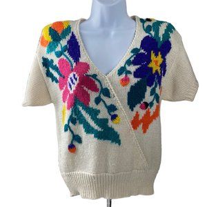 Vintage Bright Floral Short Sleeve V-Neck Sweater w/ Shoulder Pads size Medium